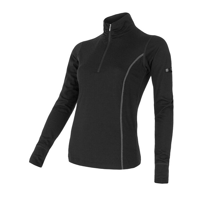 SENSOR MERINO ACTIVE femei cu mânecă lungă cămașă stand-up fermoar negru