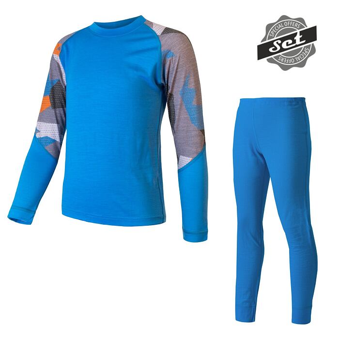 SENSOR MERINO IMPRESS SET cămașă cu mânecă lungă copii + pantalon albastru/camo