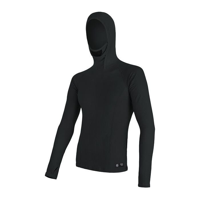 SENSOR MERINO DF tricou barbatesc cu maneca lunga cu gluga, negru